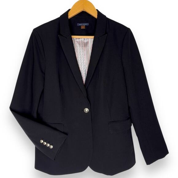 Tommy Hilfiger Women's Classic One Button Blazer 12 Black Preppy Silver Button - Picture 7 of 7